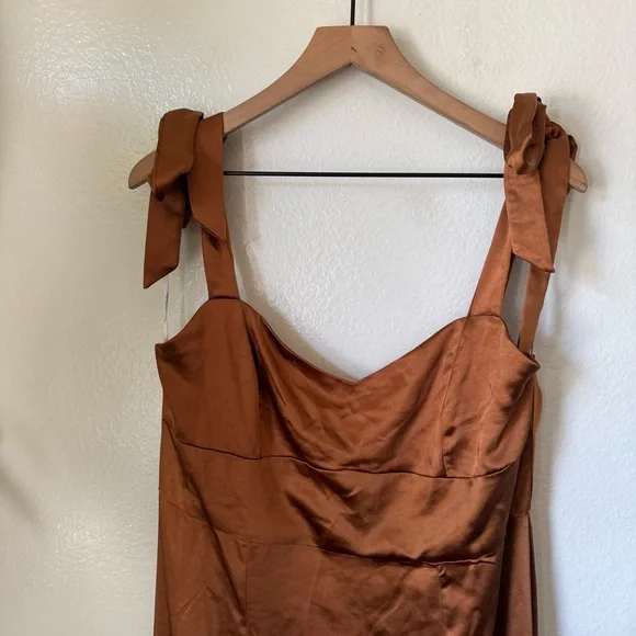 Lulus | Effortless Sophistication Bronze Satin Tie-Strap Maxi Dress - Picture 3 of 9
